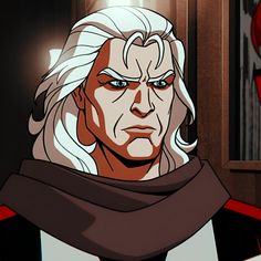 an animated image of a man with white hair, wearing a scarf and looking at the camera