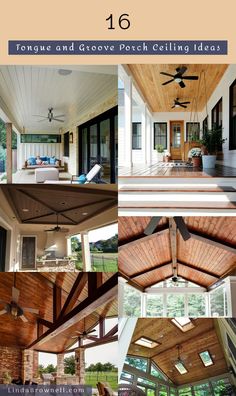 the inside and outside of a house with wooden ceilings