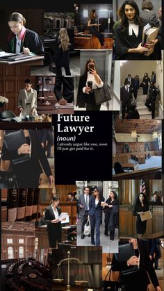 a collage of photos with people in suits and ties, including a judge's chair