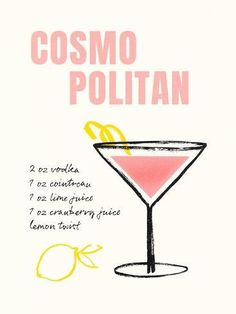 a drawing of a pink cocktail in a martini glass with the words cosmo poltan written below it