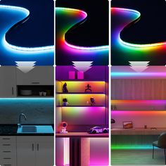 four different colored lights in a kitchen and dining room, all with the same lighting