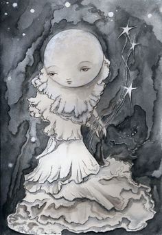 a black and white drawing of a woman in a dress with stars on her head