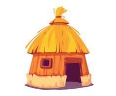 an illustration of a small hut with a thatched roof and windows on the outside