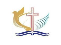 the church logo with a dove and cross on top of an open book in front of it