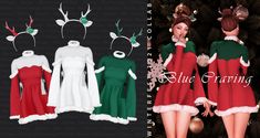 three christmas dresses are shown in two different colors and one is green, white, and red