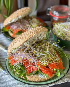 two sandwiches on plates with sprouts and tomatoes