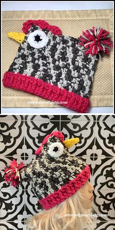 crocheted hat with bird on top and black and white pattern, made to look like an owl