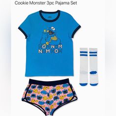 3pc Pj Set Containing Shirt, Shorts, And Socks. Bb Belt, Cookie Monster, Pj Sets, Monster Cookies, Sesame Street, Women's Intimates, Black Blue, Blue Black, Pajamas