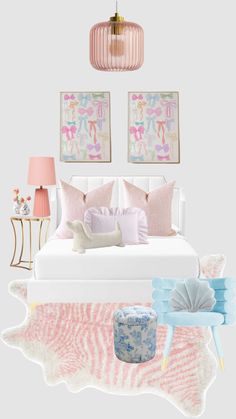 a bedroom with pink and blue decor on the walls