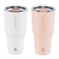 two pink and white tumblers sitting next to each other on a white background,