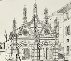 an old drawing of a church in the middle of town