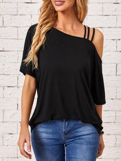 Asymmetrical Neck Cold Shoulder Tee Cold Shoulder Tops, Ethnic Outfits, Short Sleeve Pattern, Shoulder Tops, Crop Top Outfits, Shoulder Shirts, Cold Shoulder Top, Trendy Fashion Women, Women Tops