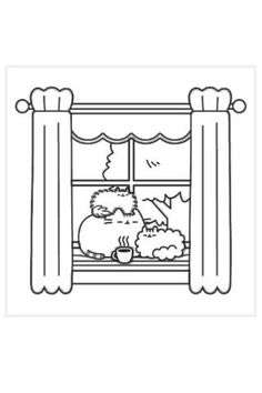 a black and white drawing of a cat sitting on a window sill looking out the window