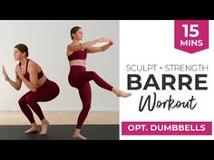 two women doing yoga poses with the words, sculpt - strength barrel workout