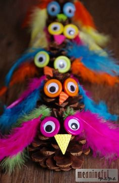 three pine cones decorated with colorful feathers and googly eyes