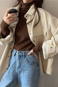 Corduroy Jacket, khaki color, button down, long sleeve, can be worn as a shirt or as a jacket, two front pockets soft, warm, comfy. Corduroy Shirts, Jacket Corduroy, Stile Hijab, Womens Jackets Casual, 가을 패션, Corduroy Jacket, Winter Clothes, Casual Coat, Casual Style Outfits