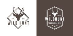 the wild hunt logo is shown in two different colors and font, with an antelope's head