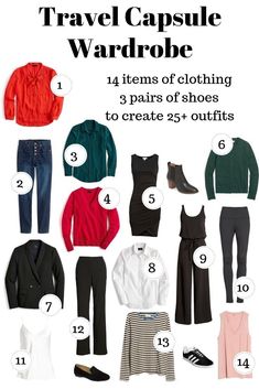 travel capsule wardrobe for women in black, white and red with text overlay that says travel capsule wardrobe