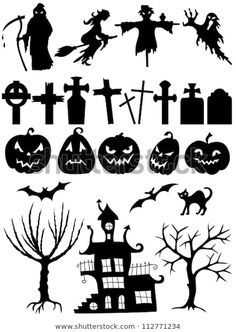 black and white halloween silhouettes with bats, pumpkins, ghost, cat, tree