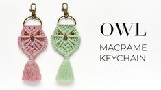 two crocheted owl key chains with tassels hanging from them, one in pink and the other in green