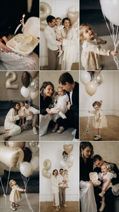 a collage of photos with balloons and people in white outfits, one holding a baby