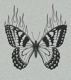 a black and white drawing of a butterfly with flames coming out of it's wings