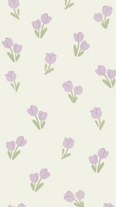 purple flowers on a white wallpaper with green leaves and stems in pastel shades