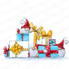 a christmas card with presents and gnomes on top of each other in blue, red, yellow and white