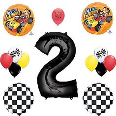 the number two balloon set includes balloons and race cars