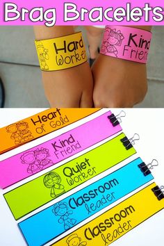 three different colored bracelets with the words brag bracelets written on them and two pictures