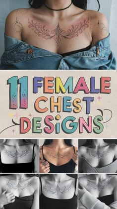 a woman with tattoos on her chest is shown in multiple pictures and has the words female chest designs