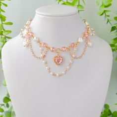 Princess Necklace Pink, Crystal and Pearl Choker, Heart Chain, Heart Pendant, Magical Jewelry, Coquette, Fairycore, Princesscore, Gold Color - Etsy Princesscore Handmade Necklace For Gift, Handmade Princesscore Necklace For Gift, Etsy Jewelry Necklace, Jewelry Coquette, Ethereal Jewelry, Diy Jewelry Set, Princess Jewelry, Chain Heart, Princess Necklace