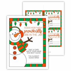 two snowman christmas cards with the words, guess how many snowballs are in the jar