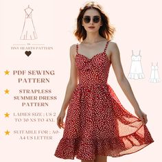 a woman wearing a red dress with white polka dots on it and the text, sewing pattern