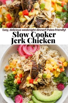 slow cooker chicken with pineapple salsa and avocado in a white bowl