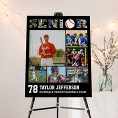 a sign is displayed in front of a baseball team's name and pictures on it