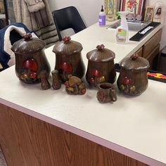 the kitchen counter has five ceramic pots on it