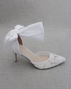 Elegant Lace Wedding Shoes, Lace Heels With Laces And Round Toe, Lace Heels With Round Toe And Laces, Lace Heels With Lace Trim For Wedding, Elegant Wedding Shoes With Laces For Ceremony, Elegant Laced Wedding Shoes For Ceremony, Elegant Lace Wedding Shoes For Ceremony, Closed Toe Wedding Shoes With Ribbon, Lace Heels With Lace Trim For Party