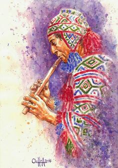 a watercolor painting of a man playing a flute with colorful patterns on his body