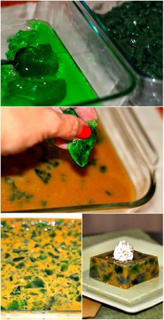 four different pictures with green food in them