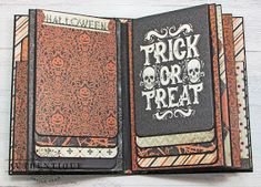 an open halloween book with the words trick or treat written on it and decorated in skulls