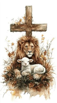 a painting of a lion and lamb in front of a cross