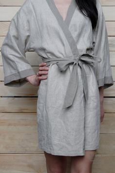 "Night Robe- Kimono in herringbone design linen. Front edges, sleeves cuffs and belt are decorated with natural undyed linen . That is softest washed quality Lithuanian linen. You will feel extremely comfortable and cosy in this kimono. It is perfect for you after shower, as comfy robe at home in lazy time and in pool and yoga trainings also. Robe center back length - 85cm (33.5\") For the item I recommend delicate machine cycle with gentle detergents and no bleachers, delicate drying. After eac Linen Pyjamas, Comfy Robe, Linen Gown, Linen Sleepwear, Wool Purse, Herringbone Design, Custom Towel, Luxury Bath, Womens Robes