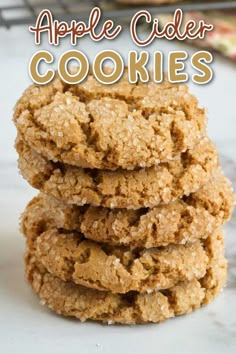 apple cider cookies stacked on top of each other with the words apples cider cookies above them