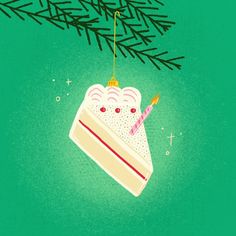 a piece of cake hanging from a christmas tree