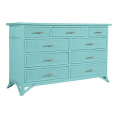 a blue dresser with many drawers and handles on it's sides, against a white background