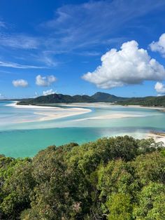 the water is very clear and blue with white sand on it's shore, surrounded by trees