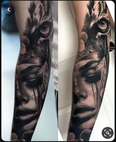 a woman's arm with an owl and feathers on it