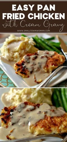 chicken with creamy gravy is served on a white plate and has green beans