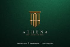 the logo for athena established acts is gold and green on a dark green background